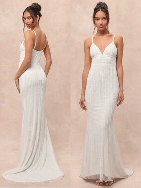 NWT Lulu’s Stunning Vow White Beaded Sequin Maxi/ Wedding Dress Small Bridal